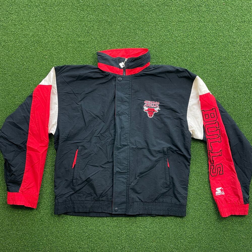 Vintage 90s Chicago Bulls Starter Jacket NBA Windbreaker Black Red Full Zip Sz M